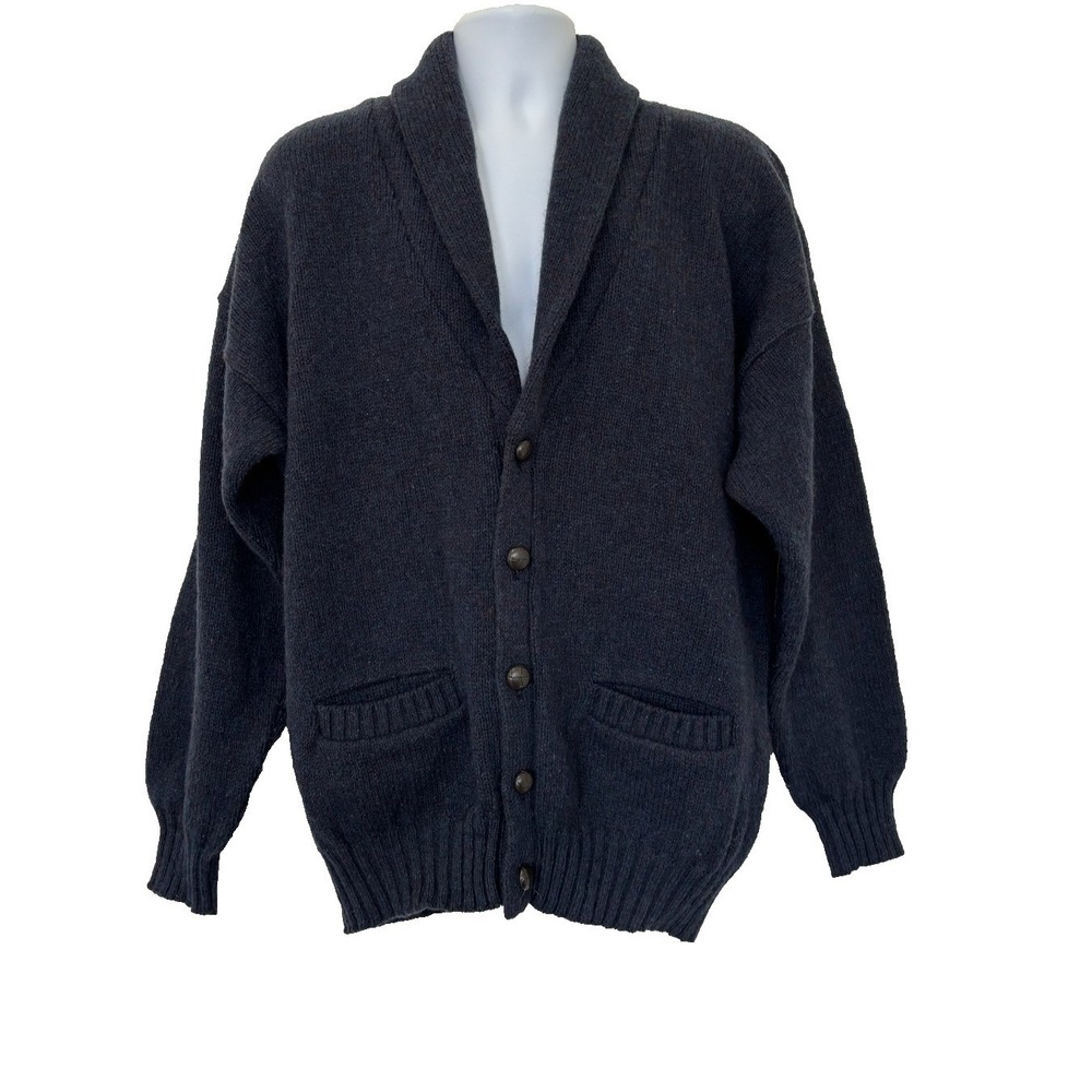VTG Eddie Bauer Cardigan Large Blue Shawl Collar Wool Blend Suede Elbow Grandpa